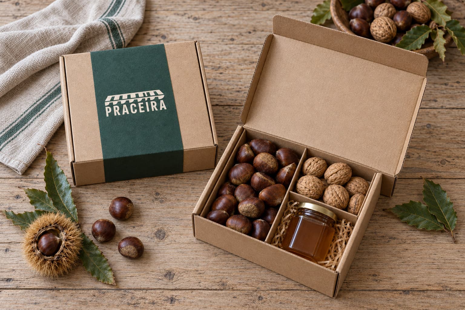 Caja regalo cerrada con faja verde junto a otra abierta con castañas, nueces y un tarro de miel