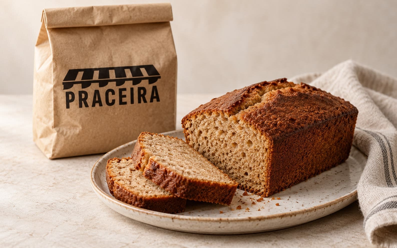 Bizcocho de molde con dos rebanadas cortadas en un plato de cerámica, junto a una bolsa de papel