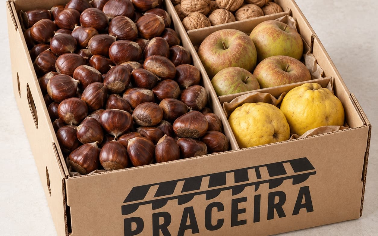 Caja de cartón con muchas castañas en un compartimento y nueces, manzanas y dos membrillos en otros