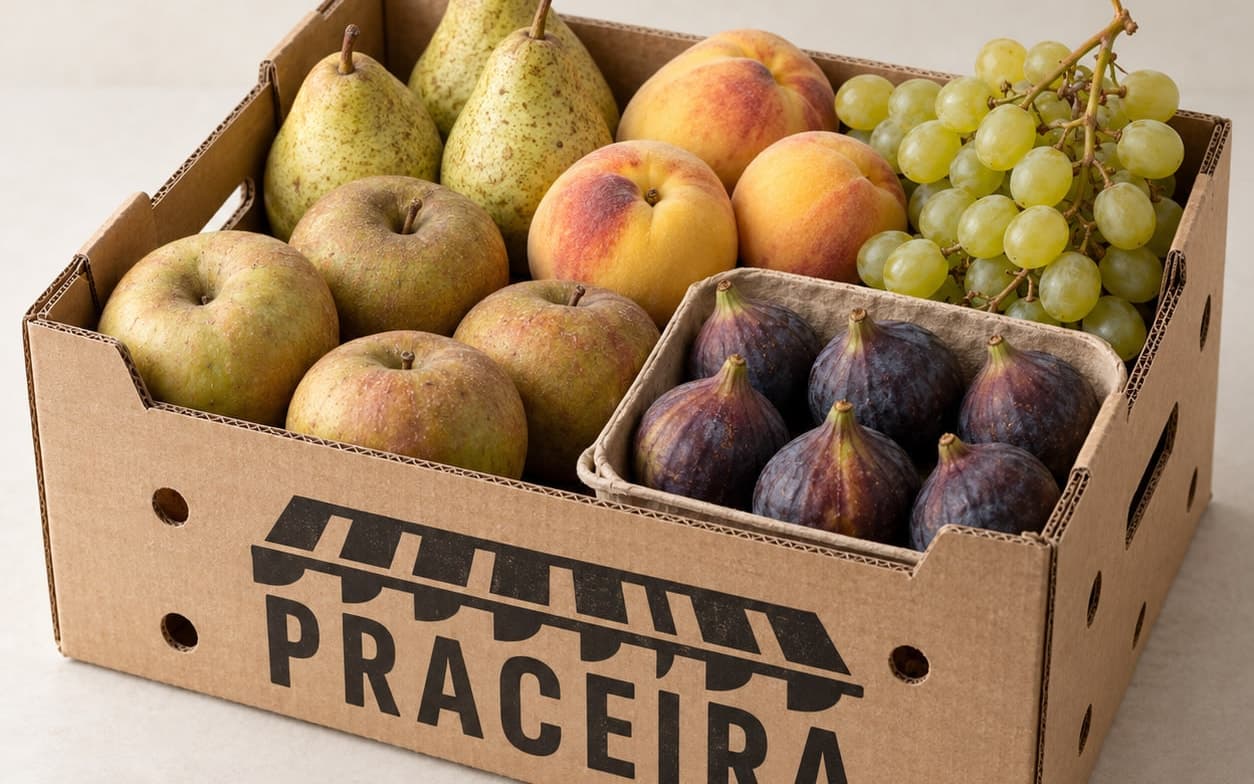 Caja de cartón con manzanas, peras, melocotones, un racimo de uvas blancas y una bandeja de higos