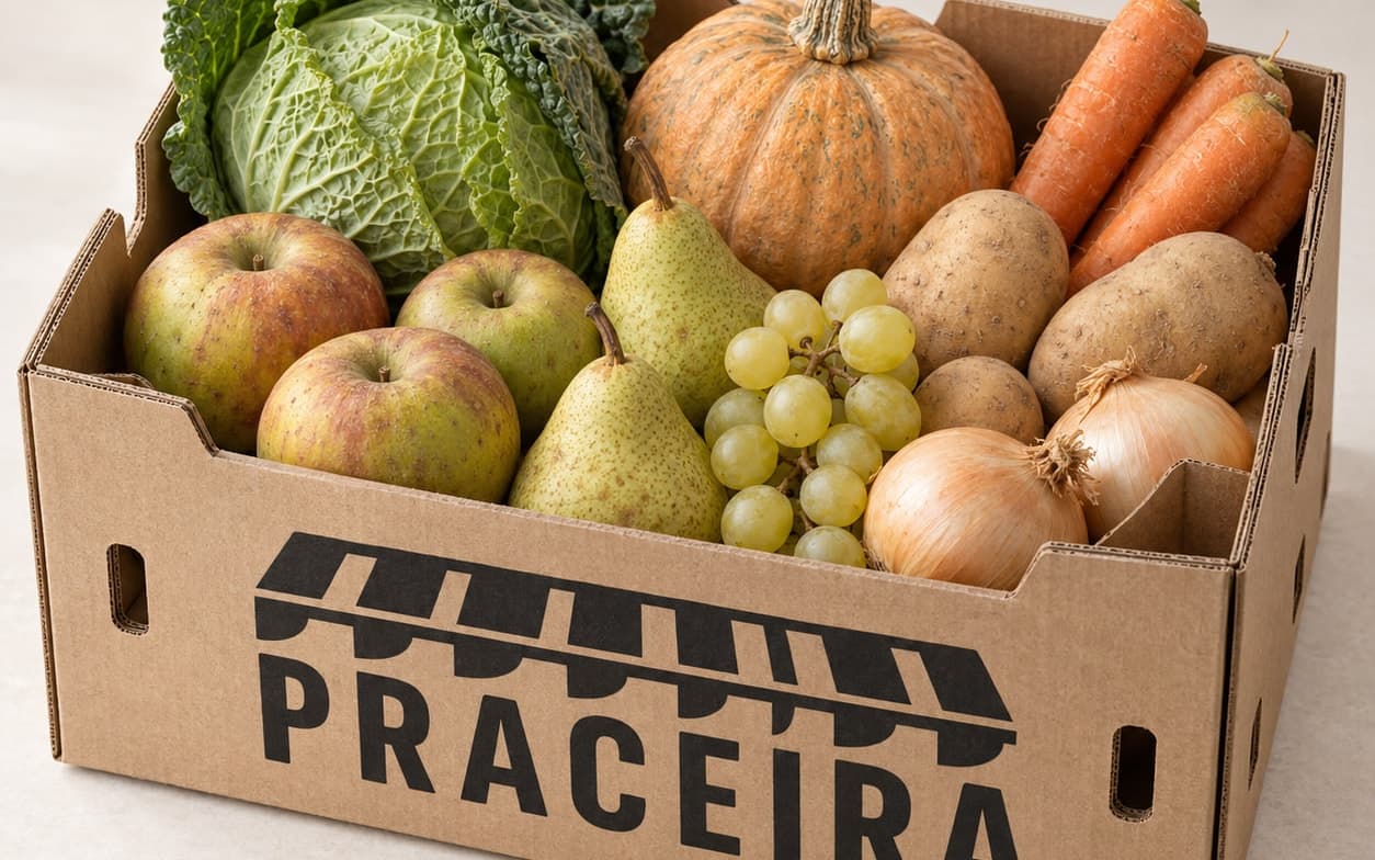 Caja de cartón abierta con col, calabaza, manzanas, peras, uvas blancas, patatas, cebollas y zanahorias