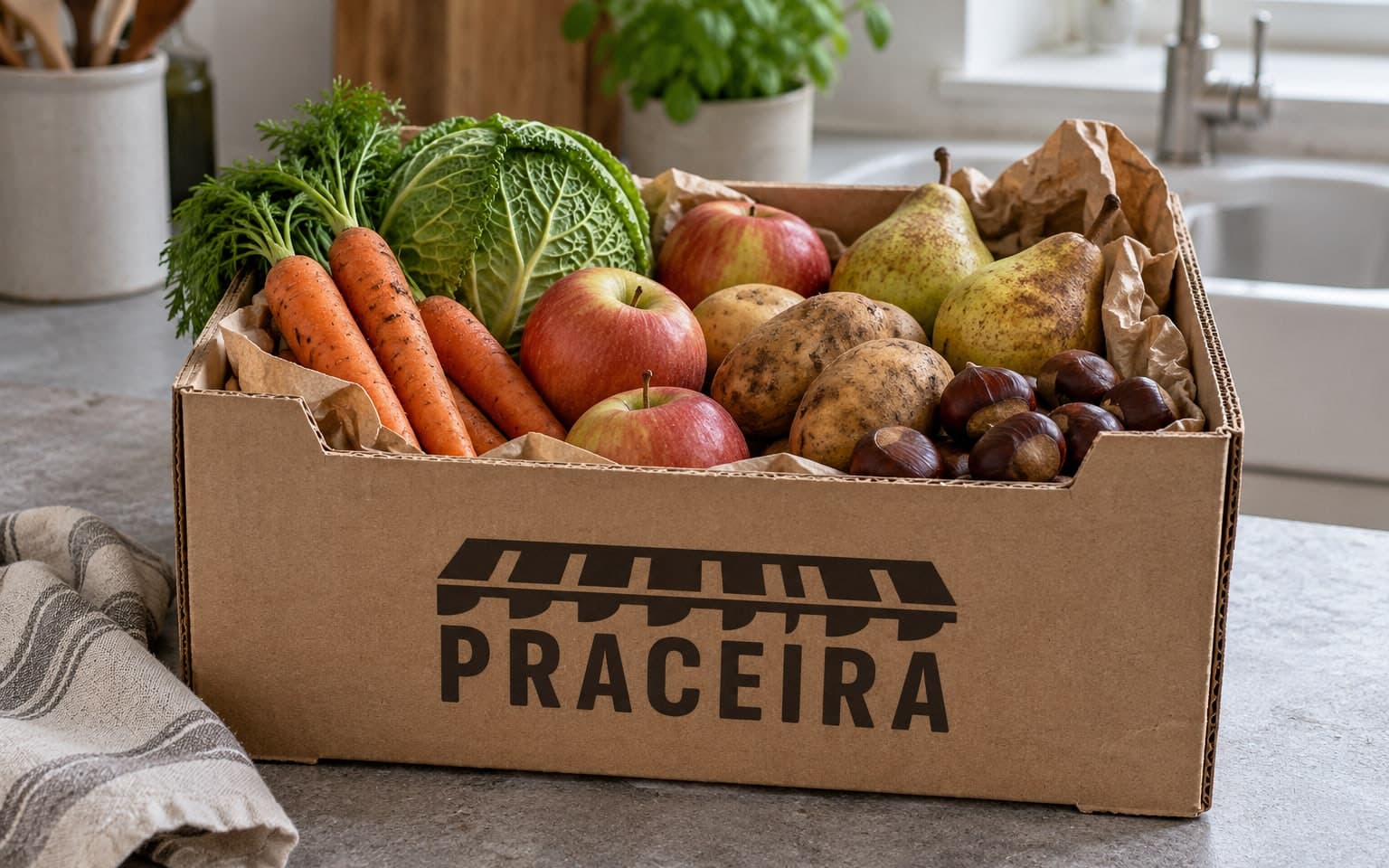 Caja de cartón abierta con zanahorias, col, manzanas, patatas, peras y castañas sobre una encimera