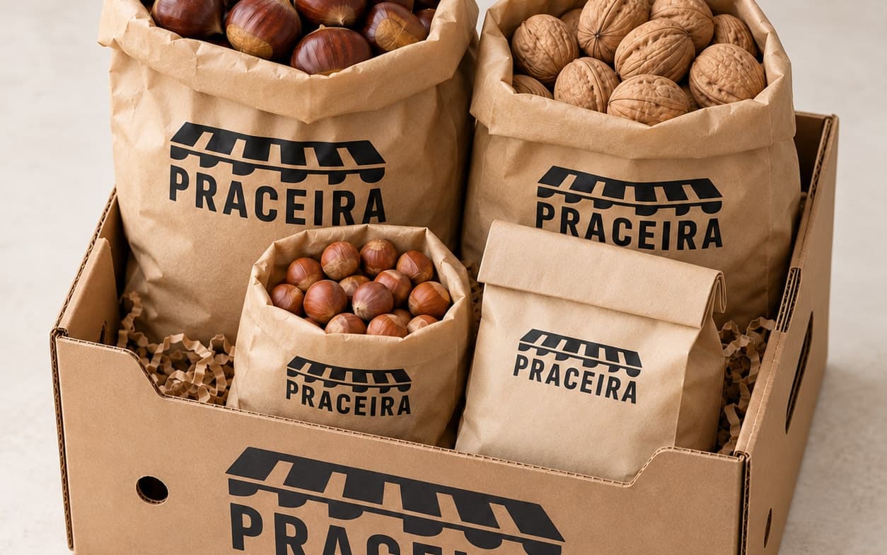 Caja de cartón con bolsas de papel de castañas, nueces y avellanas y una bolsa de harina cerrada
