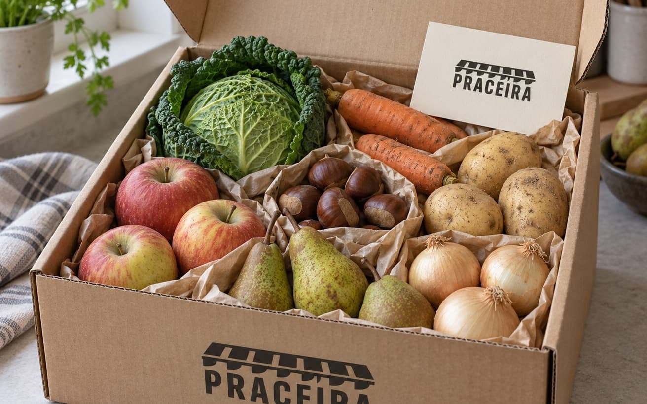 Caja de cartón abierta con col, zanahorias, patatas, manzanas, peras, cebollas y unas castañas
