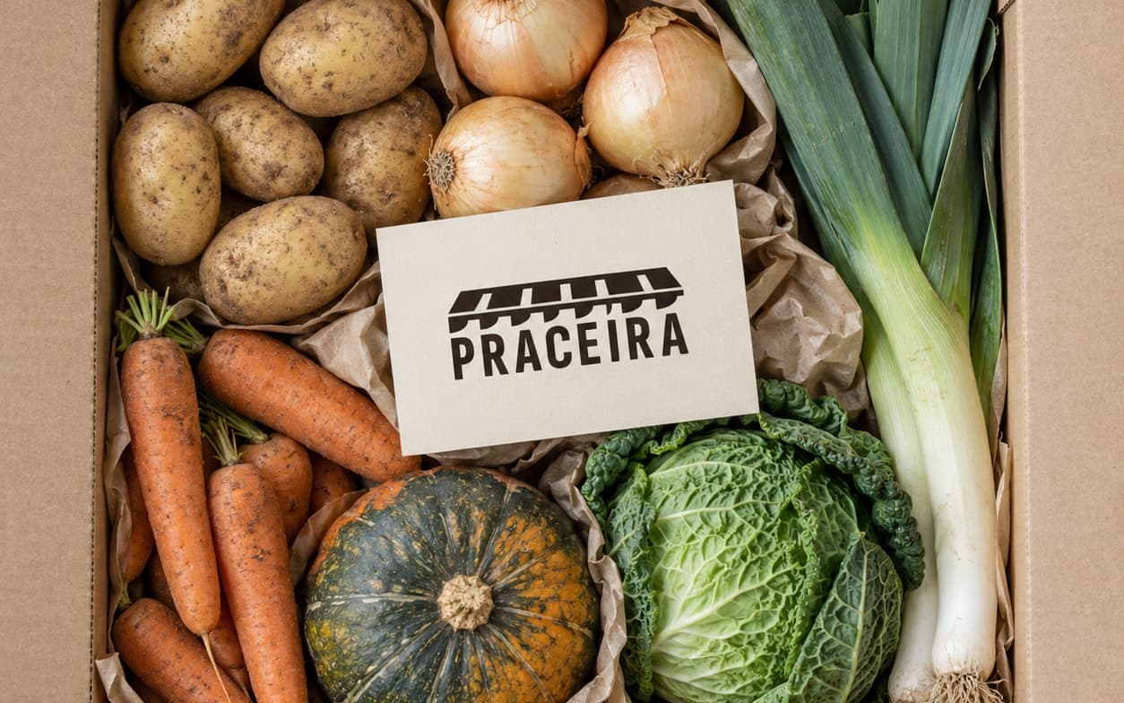 Caja de cartón abierta vista desde arriba con patatas, cebollas, puerros, zanahorias, calabaza y col