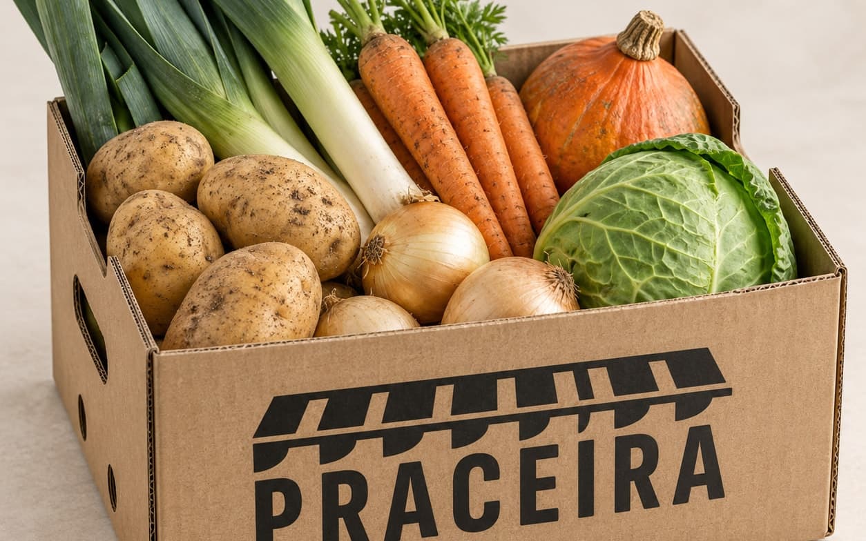 Caja de cartón con puerros, zanahorias, patatas, cebollas, una calabaza pequeña y un repollo