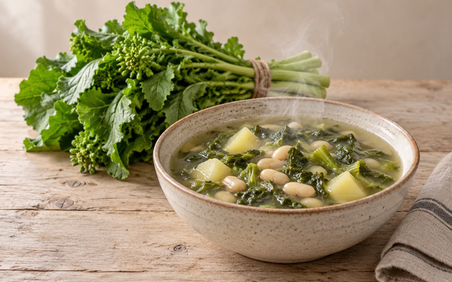Cuenco de caldo humeante con grelos, alubias blancas y patata, y un manojo de grelos atado detrás