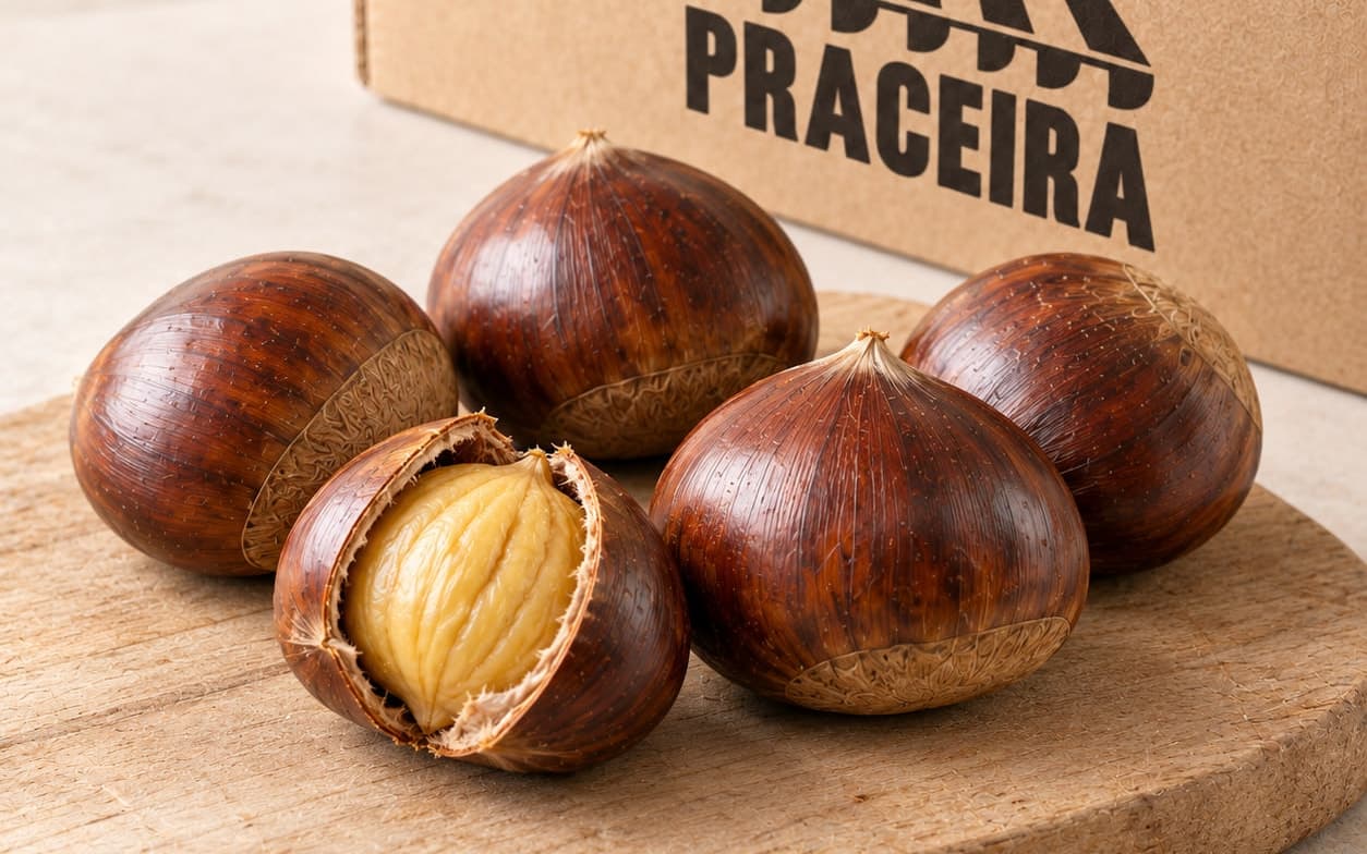 Castañas grandes sobre una tabla de madera, una abierta que deja ver la castaña pelada