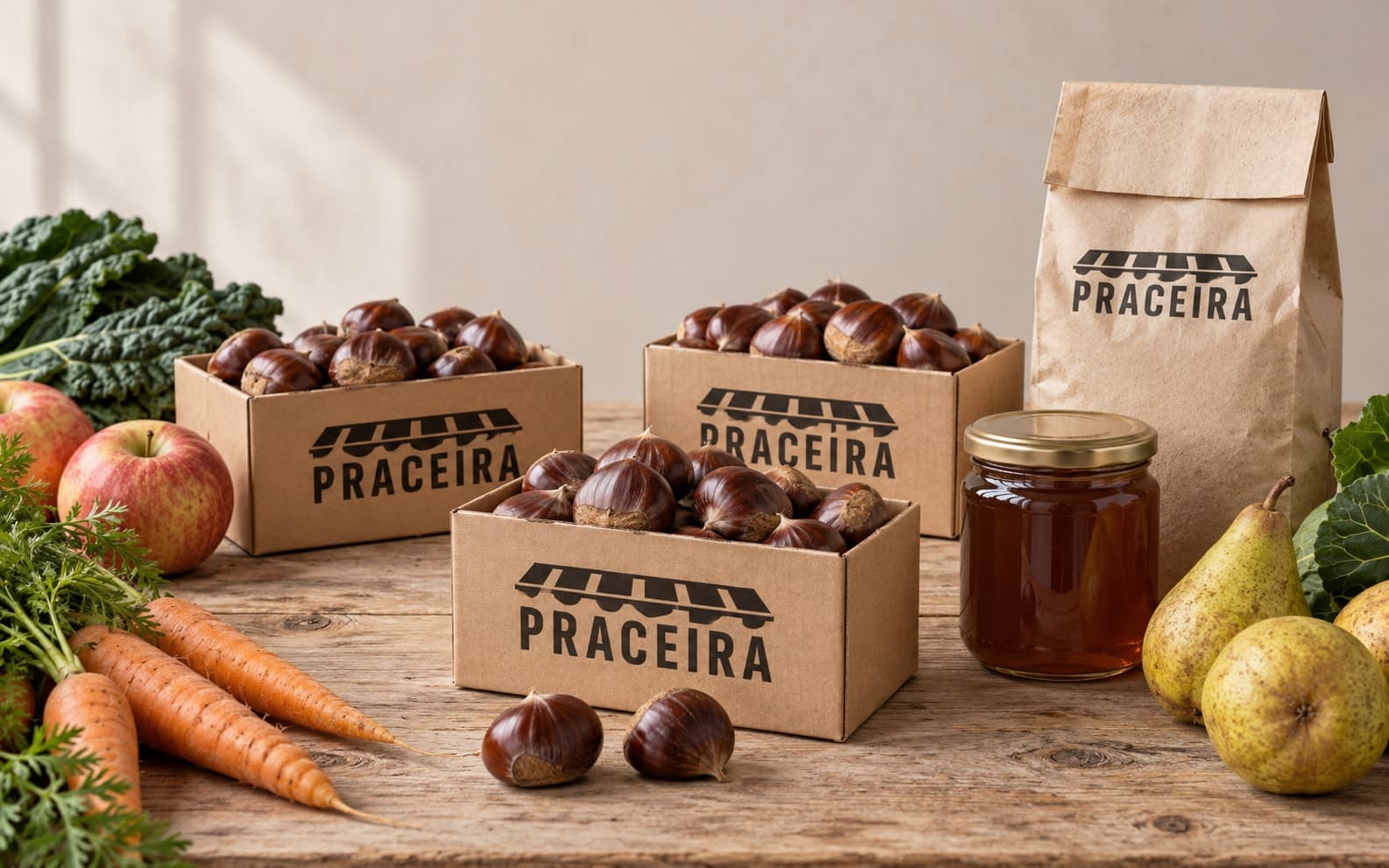 Tres cajitas de castañas en una mesa de madera con una bolsa de papel, un tarro de miel, zanahorias, manzanas y peras