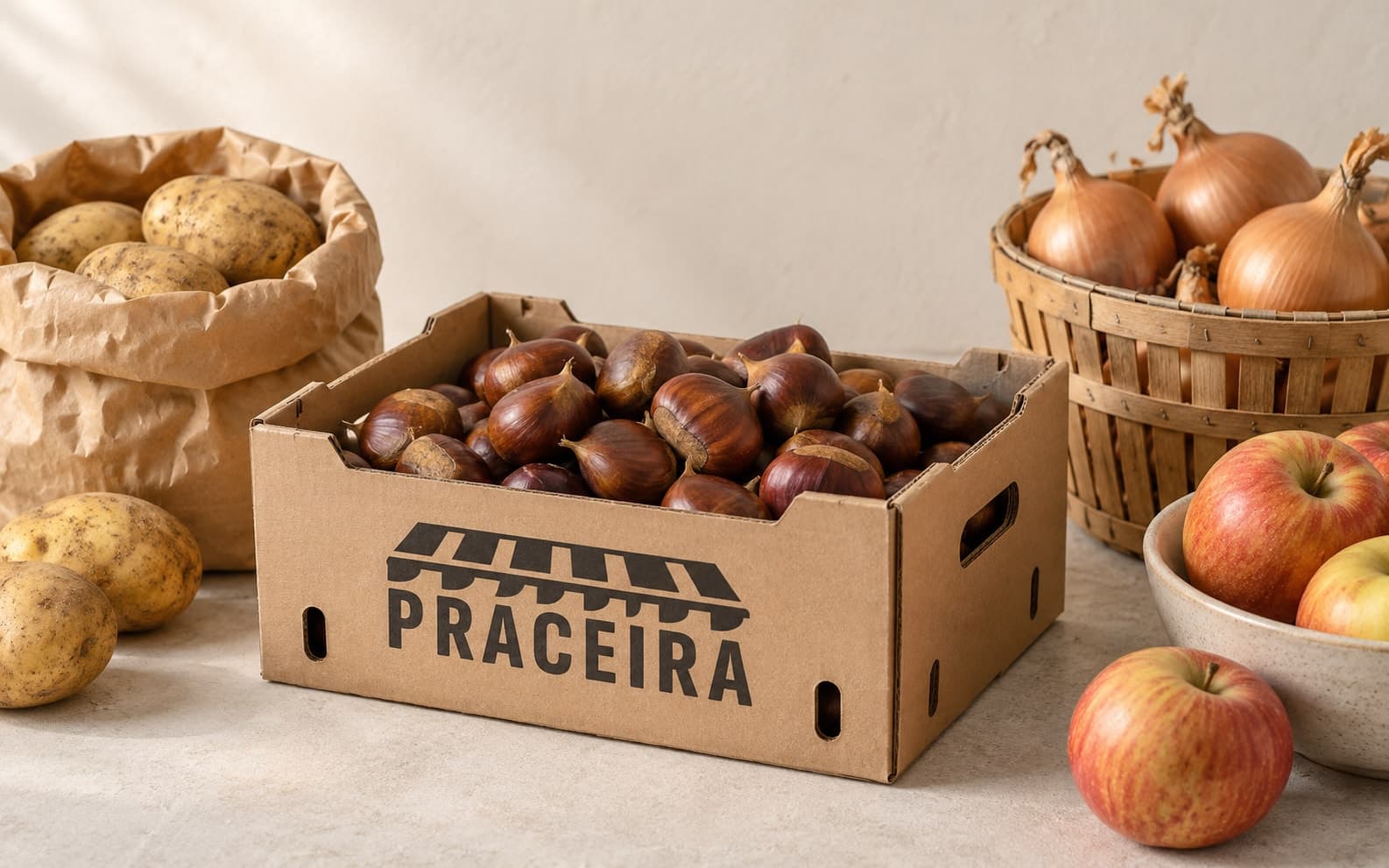 Caja de cartón con castañas entre una bolsa de papel con patatas, un cesto de cebollas y un cuenco de manzanas
