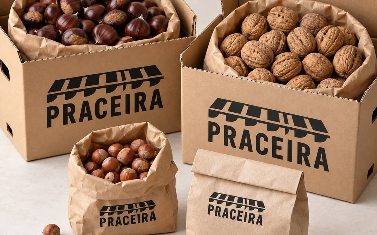 Dos cajas de cartón abiertas, una de castañas y otra de nueces, con avellanas y una bolsa de harina delante