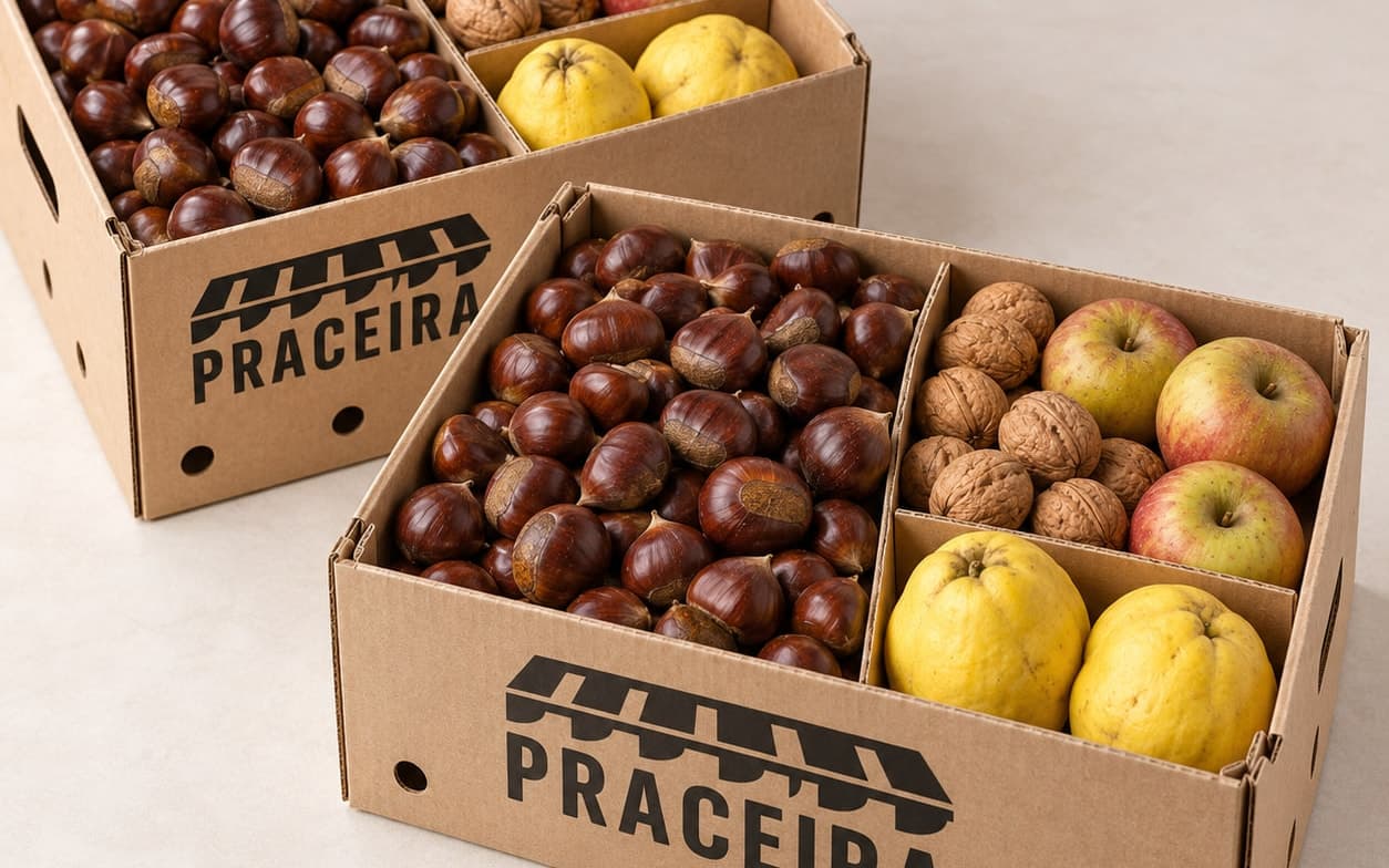 Dos cajas de cartón con castañas y compartimentos de nueces, manzanas y membrillos
