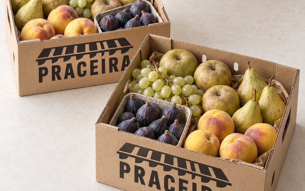 Dos cajas de cartón llenas de manzanas, peras, melocotones, uvas blancas y bandejas de higos