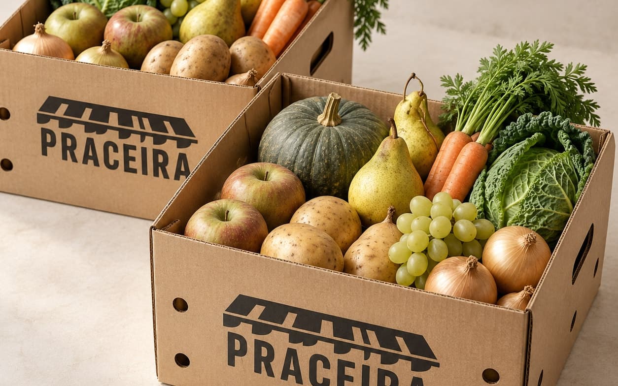 Dos cajas de cartón abiertas con manzanas, peras, uvas, patatas, cebollas, zanahorias, col y calabaza