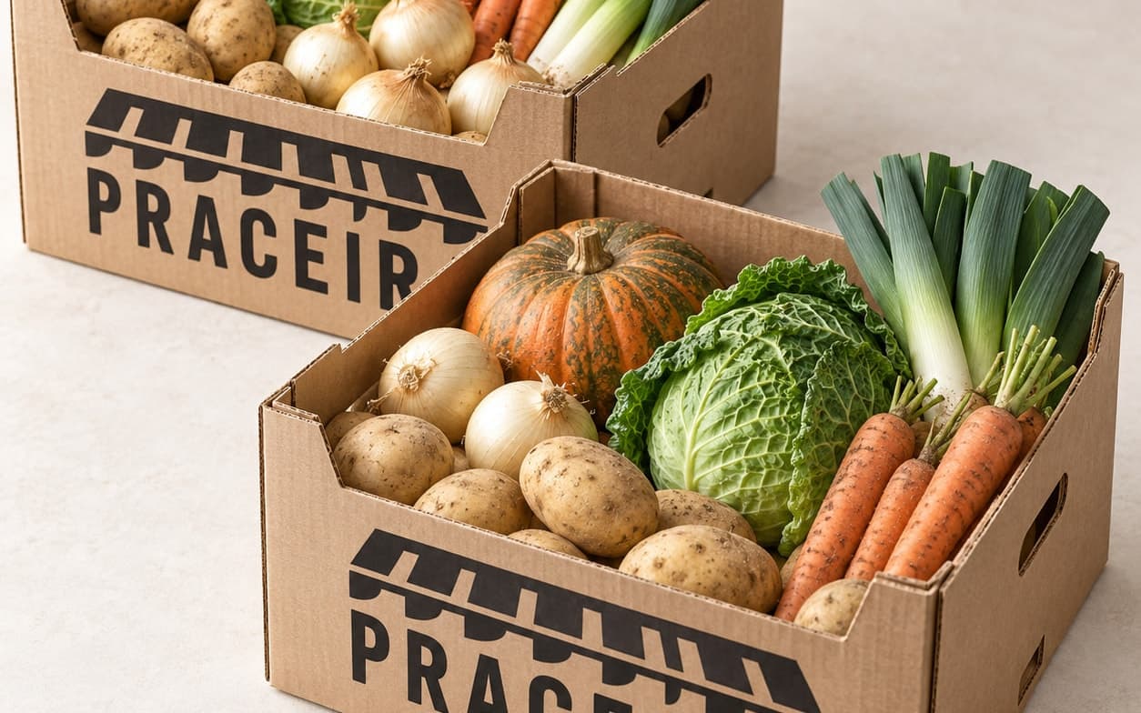Dos cajas de cartón abiertas con patatas, cebollas, coles, zanahorias, puerros y una calabaza