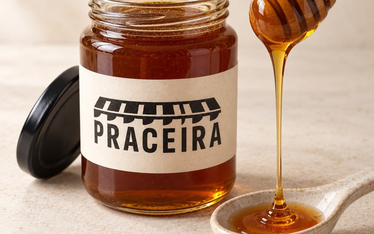 Tarro de miel abierto con la tapa al lado y un cazo de madera que gotea miel en una cuchara