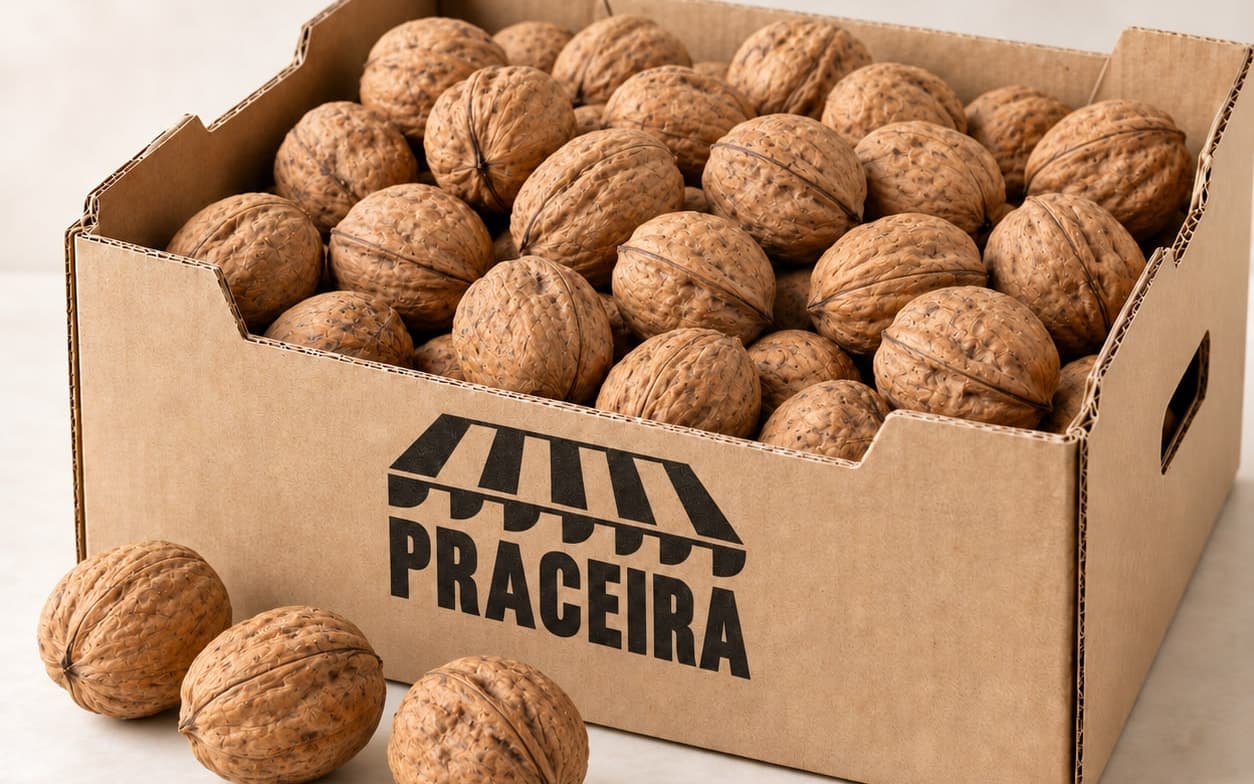 Nueces con cáscara en una caja de cartón kraft abierta, con tres sueltas delante