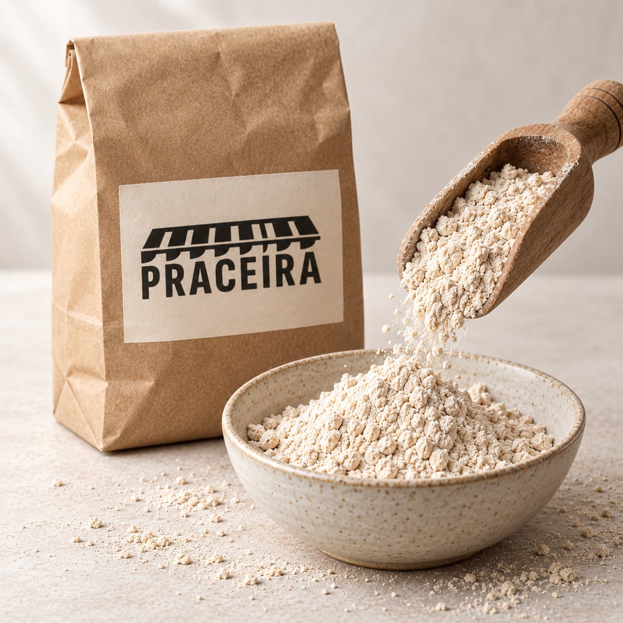 Pala de madera que vierte harina de castaña en un cuenco, con la bolsa detrás