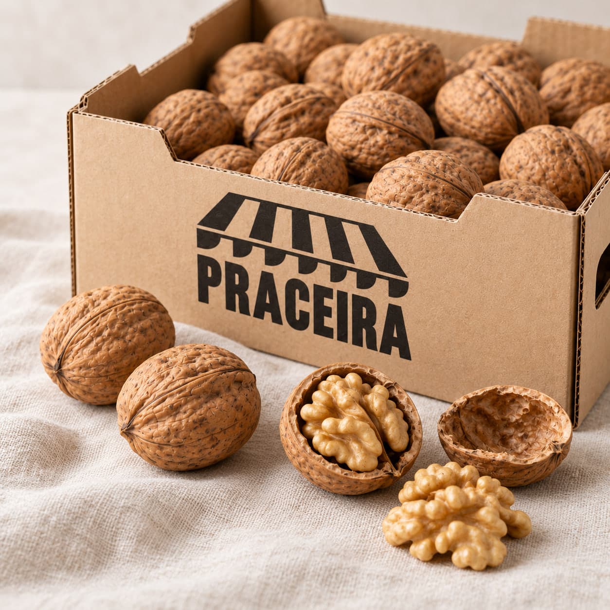 Nueces enteras y una abierta con la pulpa a la vista sobre lino, ante una caja llena