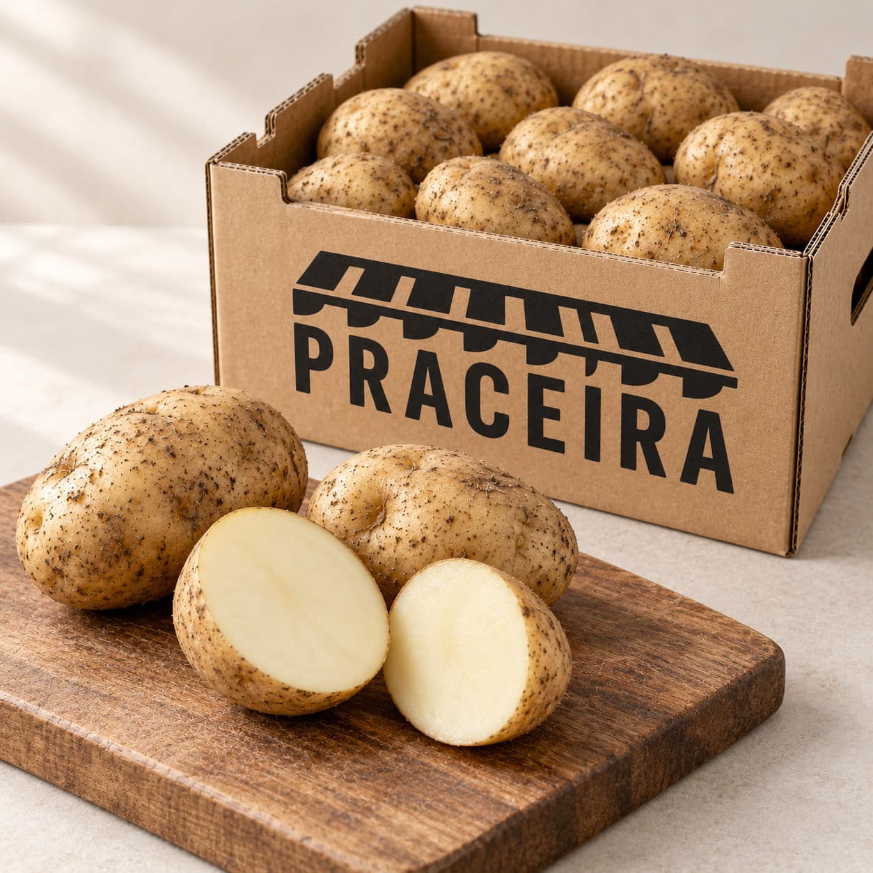 Patatas enteras y una patata partida por la mitad, de carne clara, sobre una tabla de madera