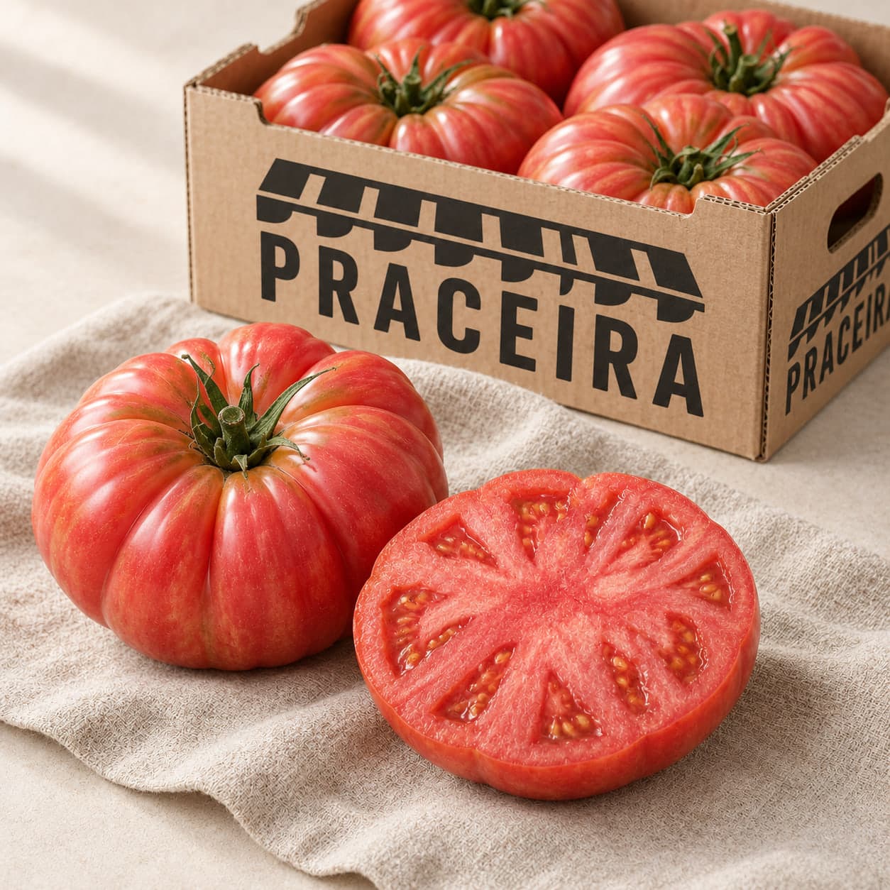 Un tomate rosado entero y otro cortado en horizontal con la carne y las semillas a la vista, sobre un paño