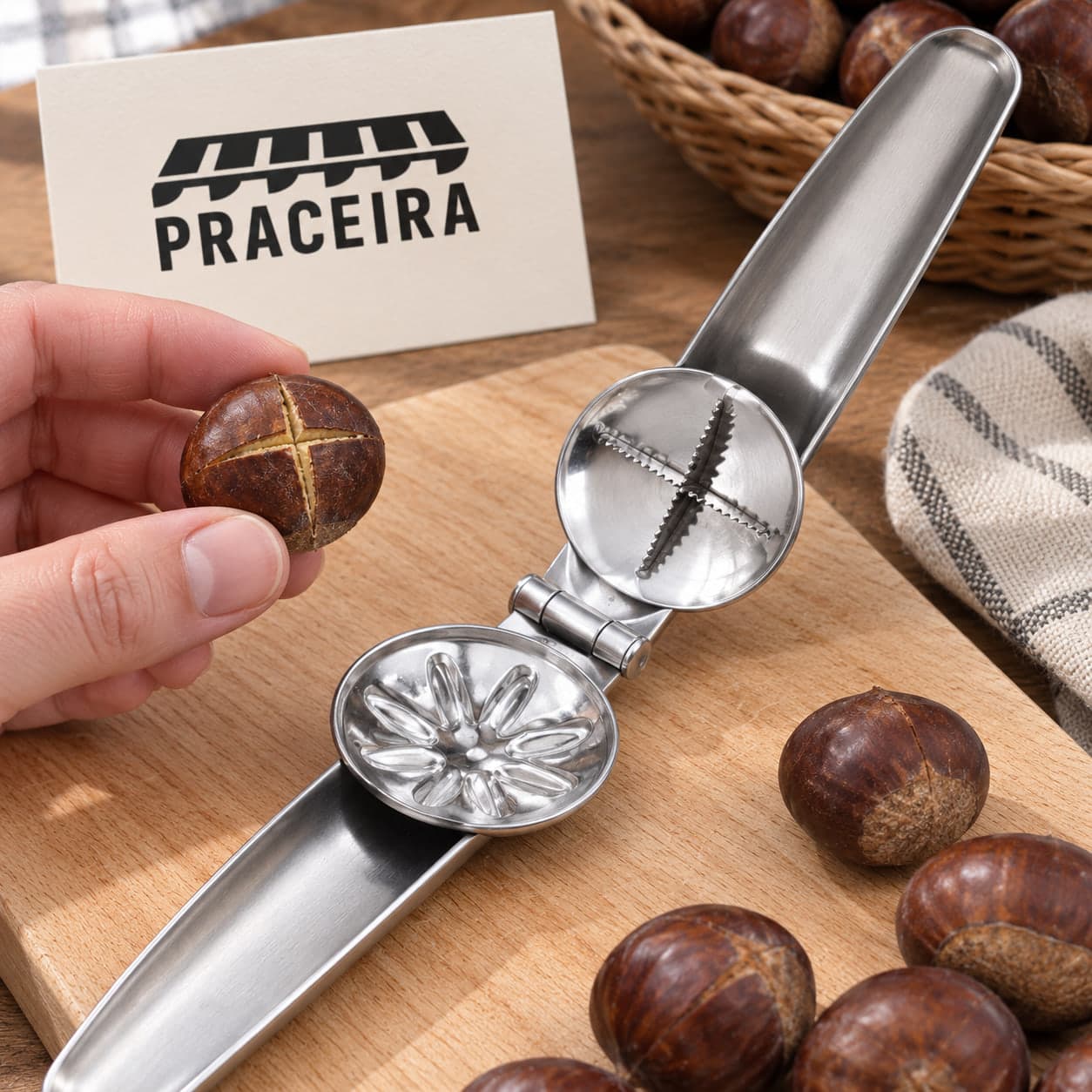 Mano sosteniendo una castaña cortada en cruz junto a un cortacastañas abierto sobre una tabla