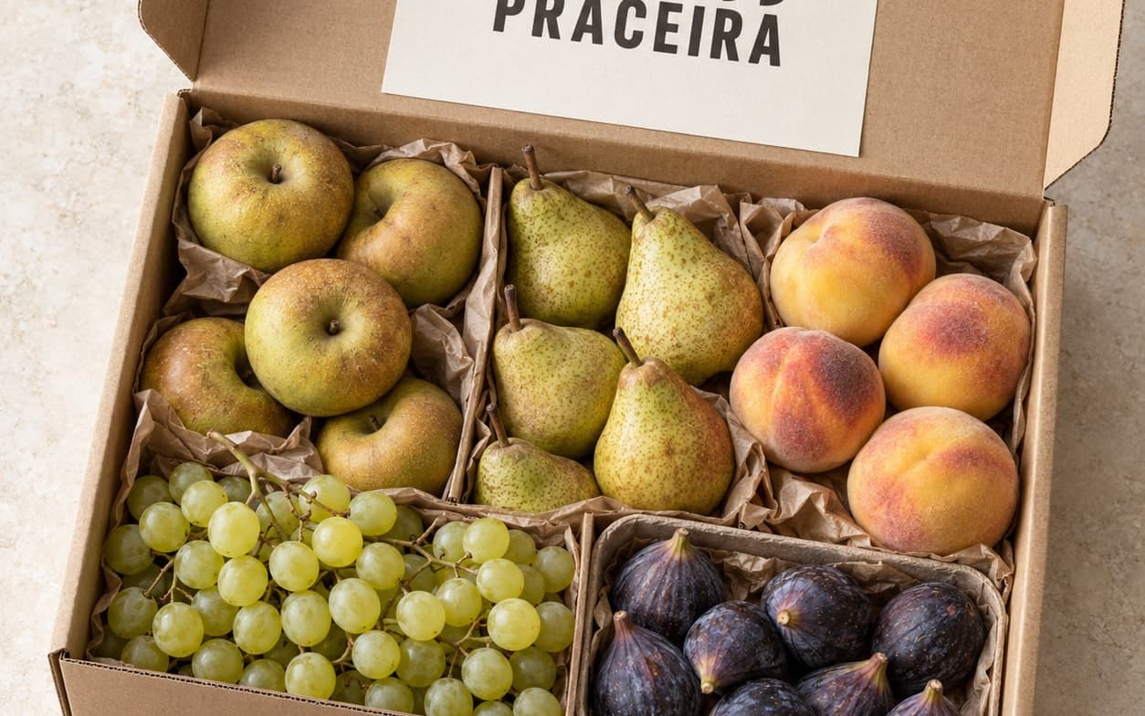 Caja de cartón abierta vista desde arriba con manzanas, peras, melocotones, uvas blancas e higos