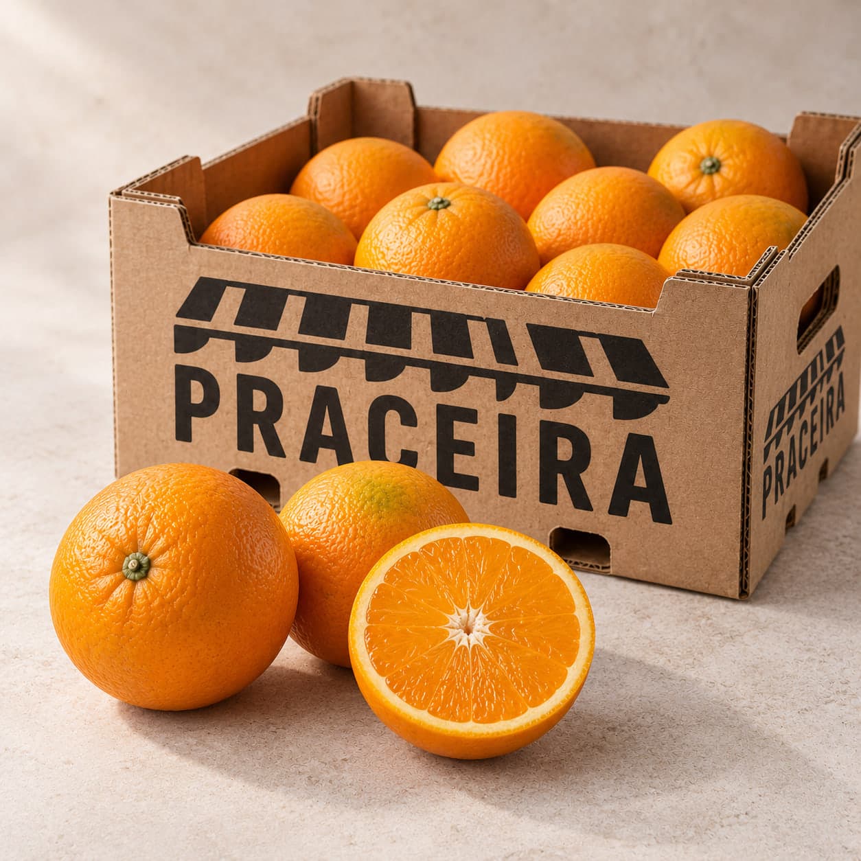 Dos naranjas enteras y media naranja con los gajos a la vista, delante de una caja llena de naranjas